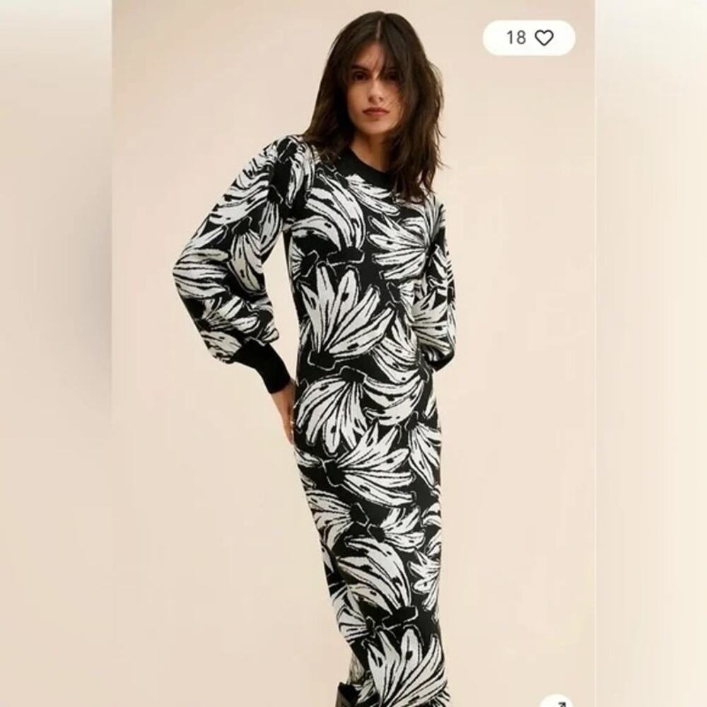 Farm Rio Black White Banana Print Knit Sweater Dress Puff Sleeves Size M